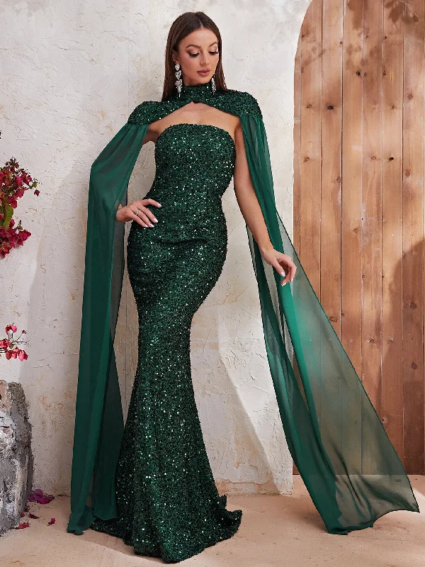 NiDELL Popular Cross-Border Evening Dress Fashion Heavy Embroidery Sequins Halter Chiffon Long Sleeve Dress Fishtail Dress-Mgt610