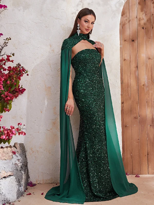 NiDELL Popular Cross-Border Evening Dress Fashion Heavy Embroidery Sequins Halter Chiffon Long Sleeve Dress Fishtail Dress-Mgt610