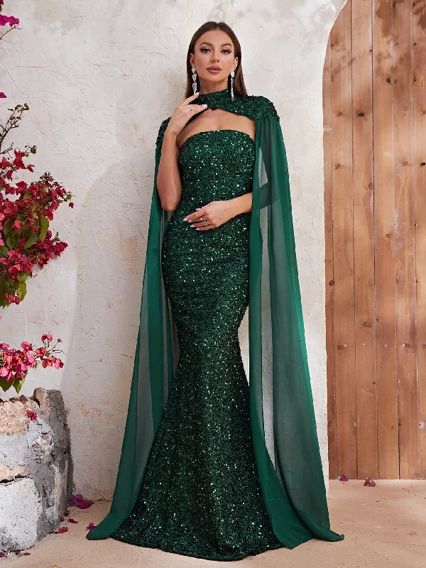 NiDELL Popular Cross-Border Evening Dress Fashion Heavy Embroidery Sequins Halter Chiffon Long Sleeve Dress Fishtail Dress-Mgt610