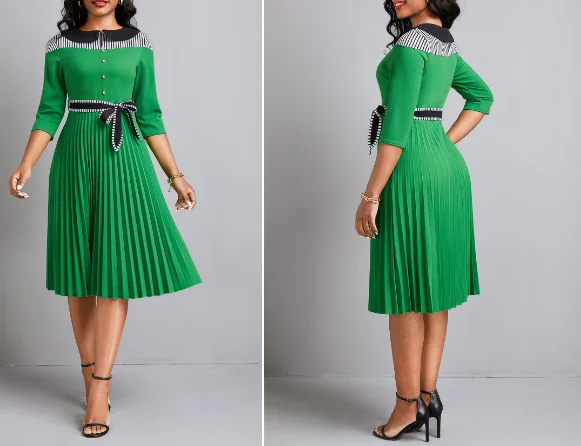 Striped Pleated Belted Green Peter Pan Collar Dress