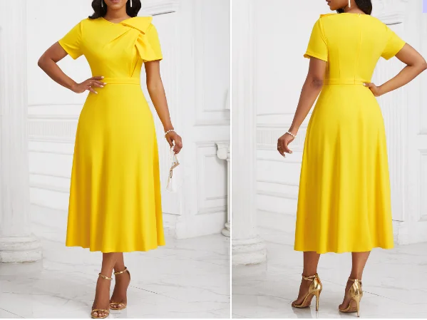 Zipper Yellow Short Sleeve Asymmetrical Neck Dress