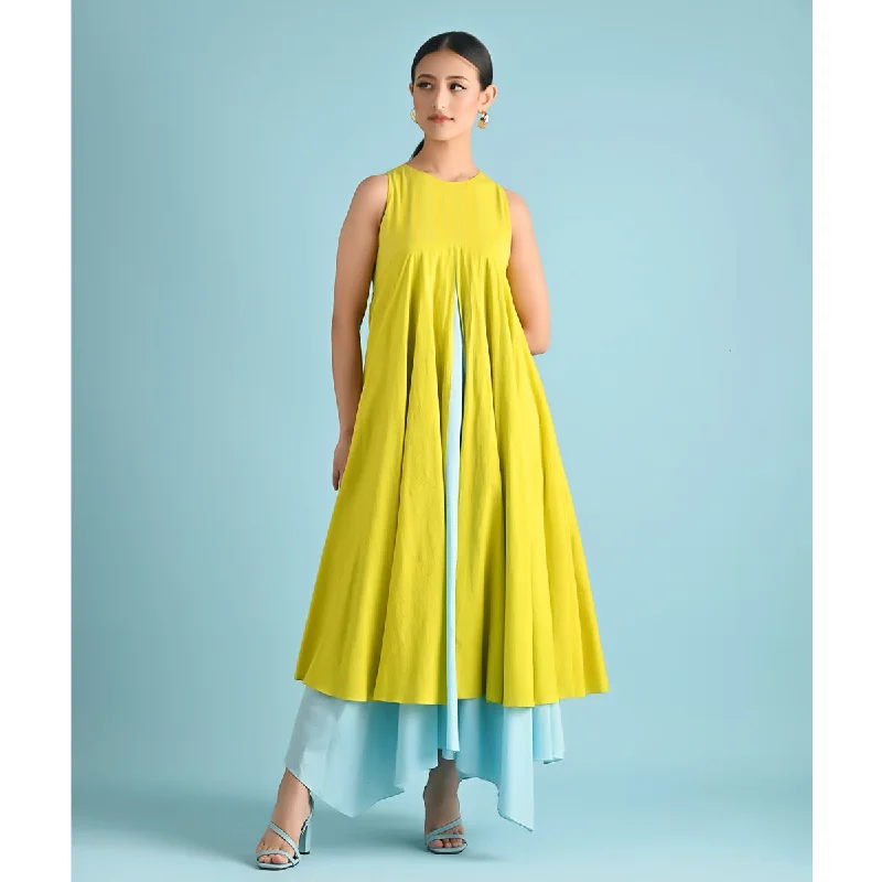 Pure Cotton Asymmetric Layered Maxi Dress |  Yellow & Blue