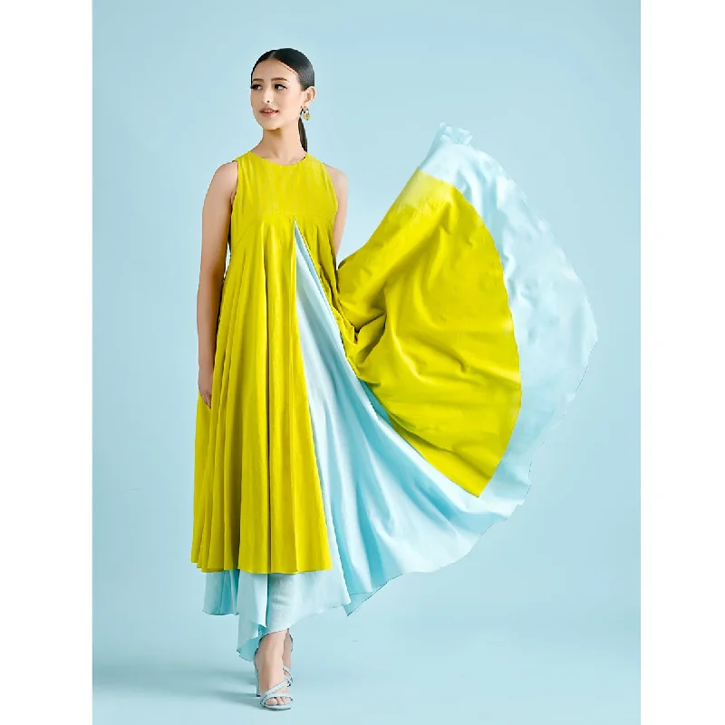 Pure Cotton Asymmetric Layered Maxi Dress |  Yellow & Blue