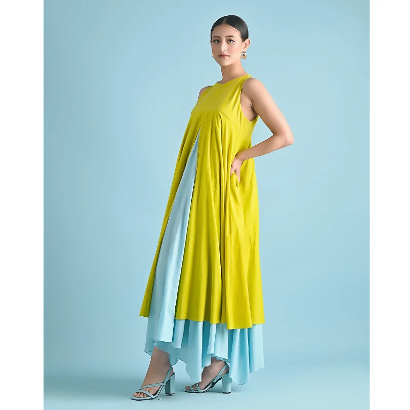 Pure Cotton Asymmetric Layered Maxi Dress |  Yellow & Blue