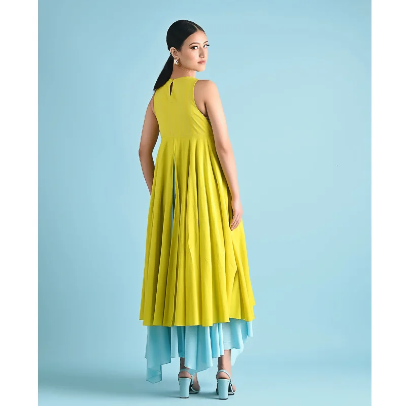 Pure Cotton Asymmetric Layered Maxi Dress |  Yellow & Blue