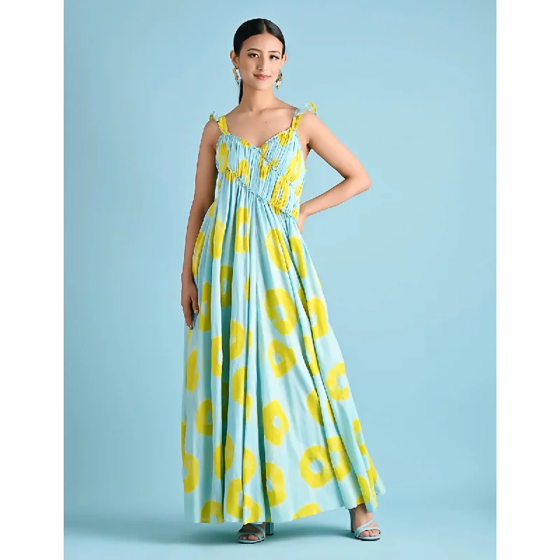 Cotton Bandhani Maxi Dress | Blue & Yellow