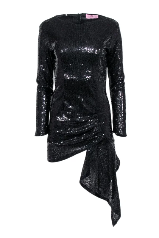 Alex Vinash - Black Sequin Asymmetric Long Sleeve Mini Dress Sz S