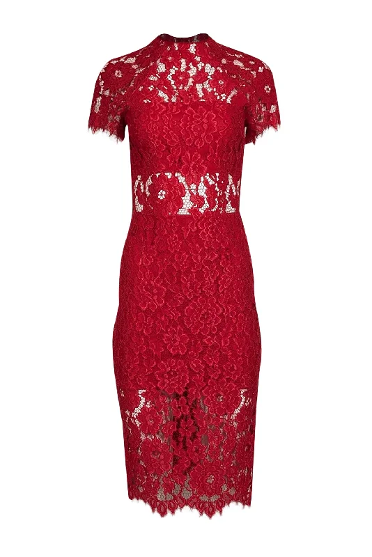 Alexis - Red Lace Short Sleeve Midi Dress Sz S