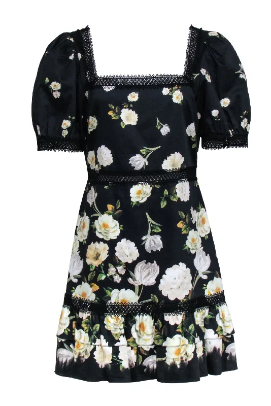 Alice & Olivia - Black Floral Print Short Sleeve ""Wylie"" Mini Dress Sz 12