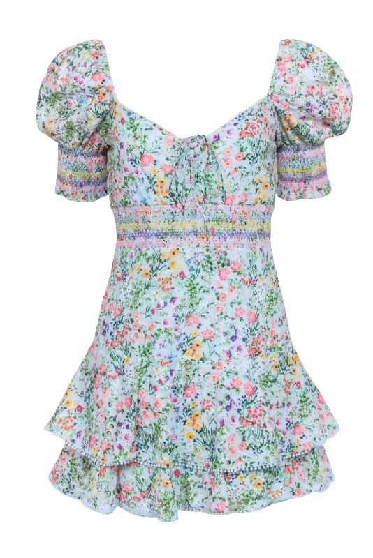 Alice & Olivia - Light Blue w/ Multicolor Floral Print Eyelet Mini Dress Sz 6