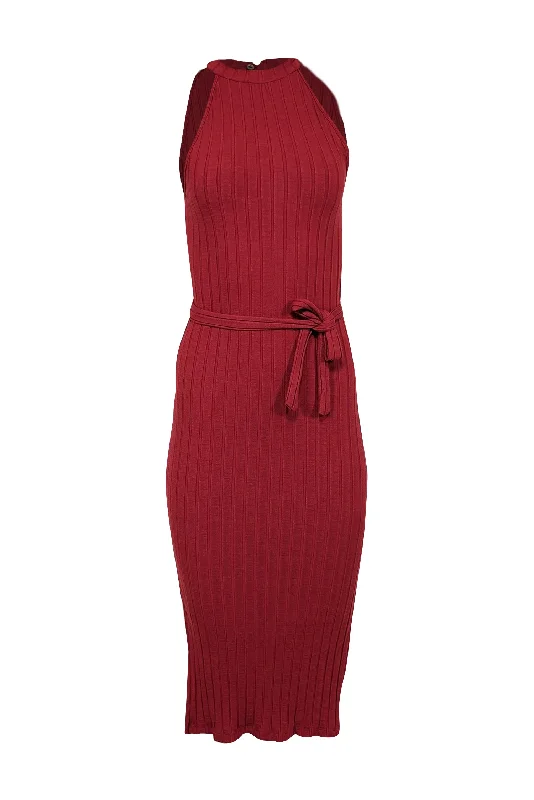 Amour Vert - Red Sleeveless Ribbed Midi w/ Waist Tie Dress Sz XS