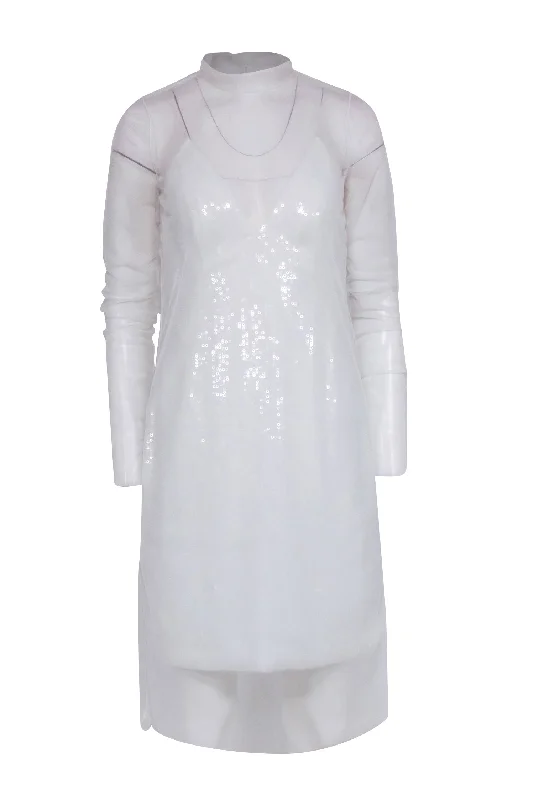 Amsale - White Sequin Mini Dress w/ Sheer Overlay Detail Sz 6