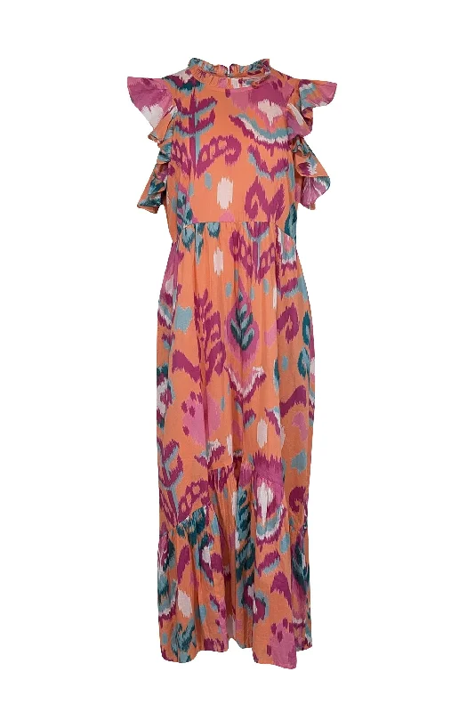 Banjanan - Orange, Magenta & Teal Ikat Print Midi Dress Sz L