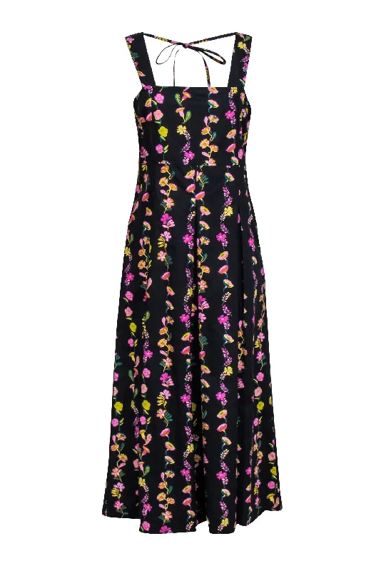 Banjanan - Black w/ Pink & Yellow Floral Print Sleeveless Midi Dress Sz M