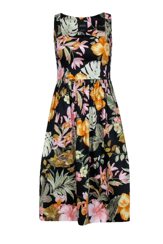 Barney's New York - Black Floral Midi Fit & Flare Dress Sz 2