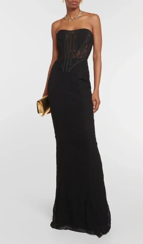 STRAPLESS BLACK LACE MAXI DRESS