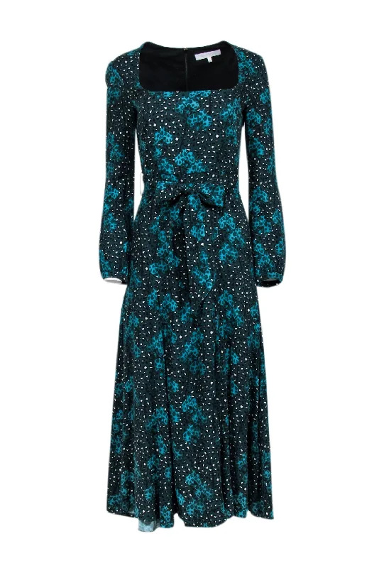 Borgo De Nor - Blue Animal Print Long Sleeve Midi Dress w/ Waist Tie Sz 4