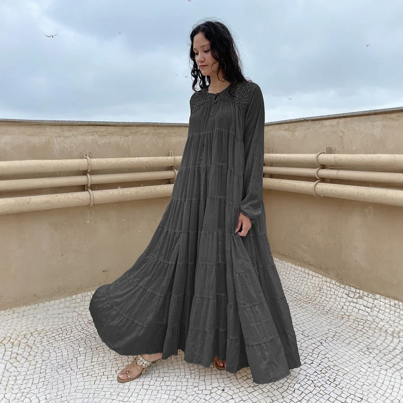 Cotton Tiered Maxi Dress | Embroidered | Charcoal