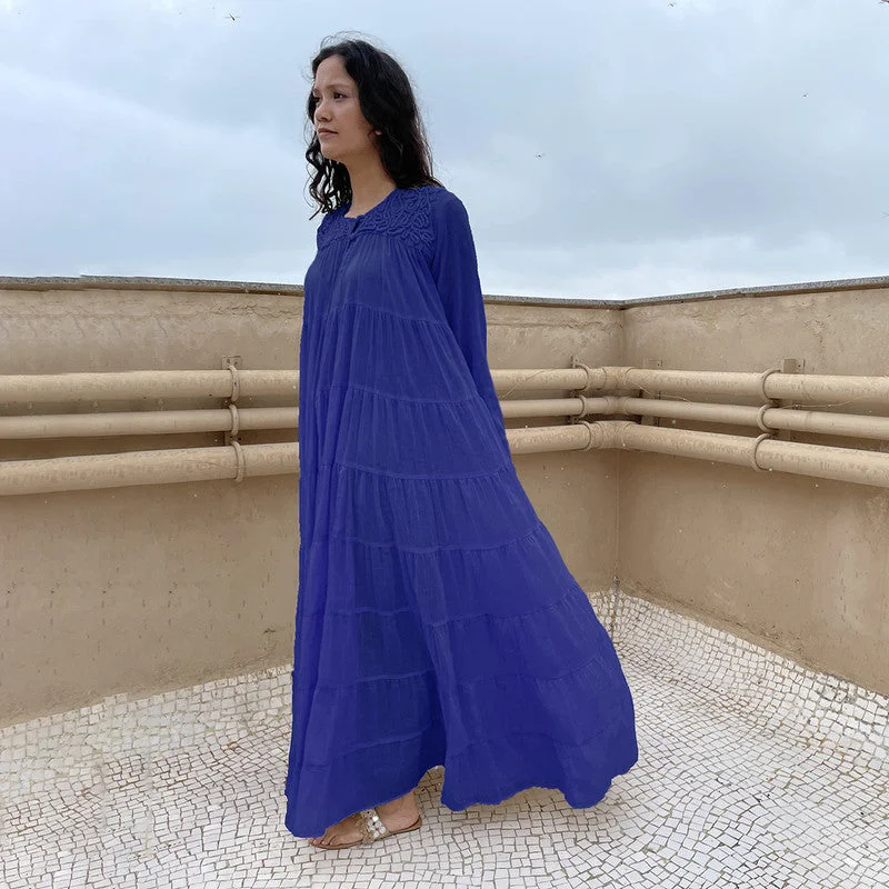 Cotton Tiered Maxi Dress | Embroidered | Cobalt