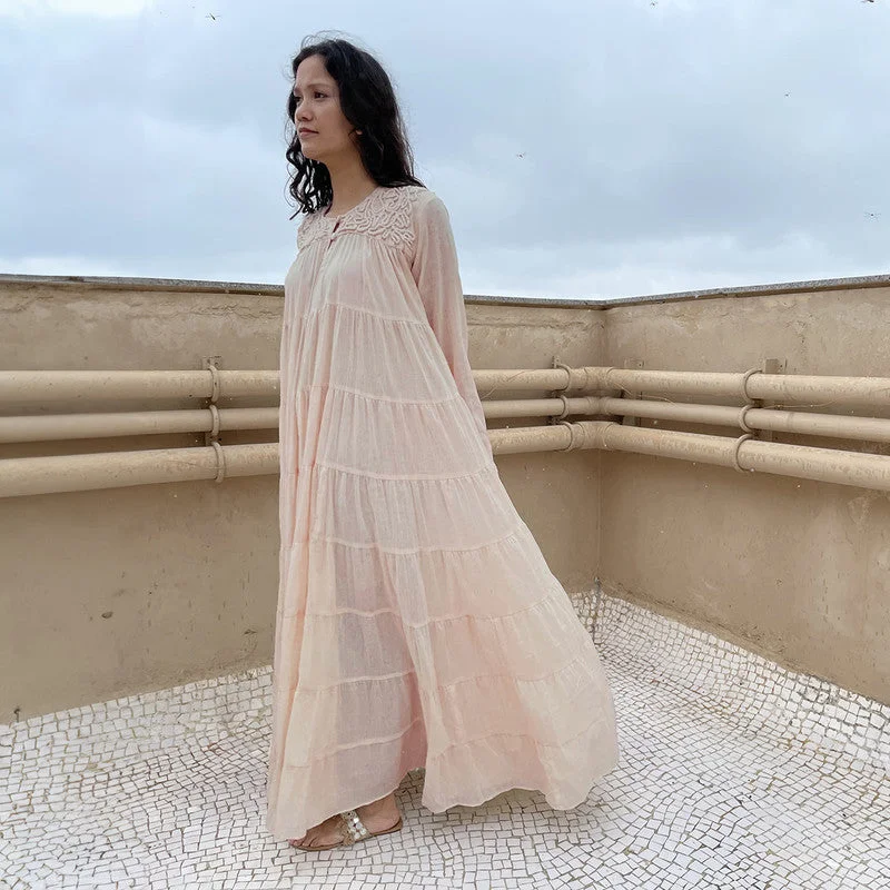 Cotton Tiered Maxi Dress | Embroidered | Nude Blush