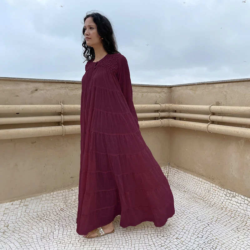 Cotton Tiered Maxi Dress | Embroidered | Plum