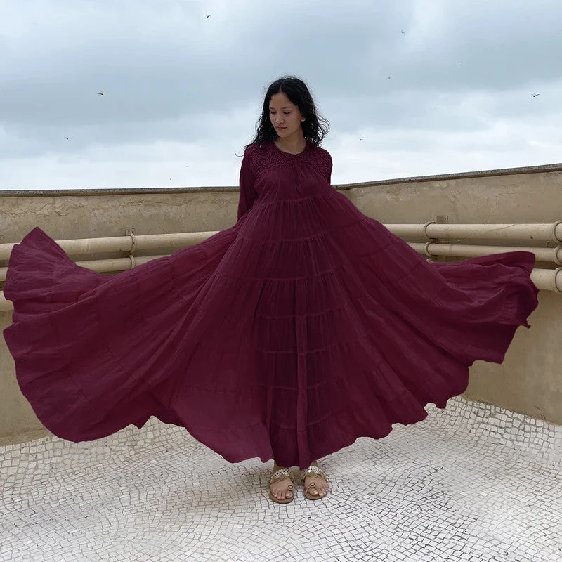 Cotton Tiered Maxi Dress | Embroidered | Plum