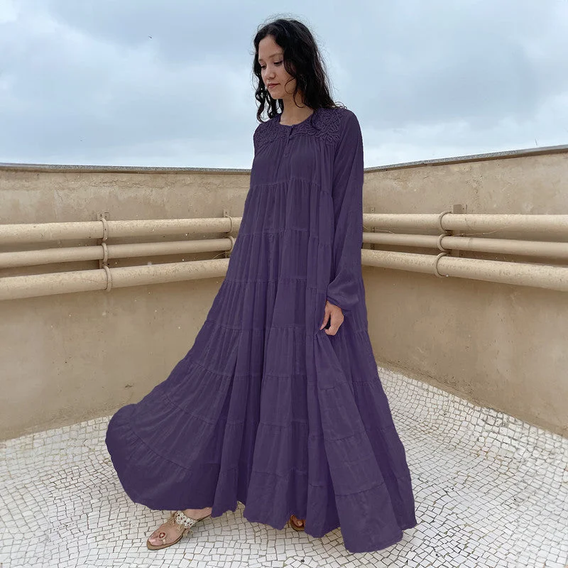 Cotton Tiered Maxi Dress | Embroidered | Purple