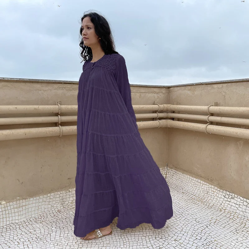 Cotton Tiered Maxi Dress | Embroidered | Purple