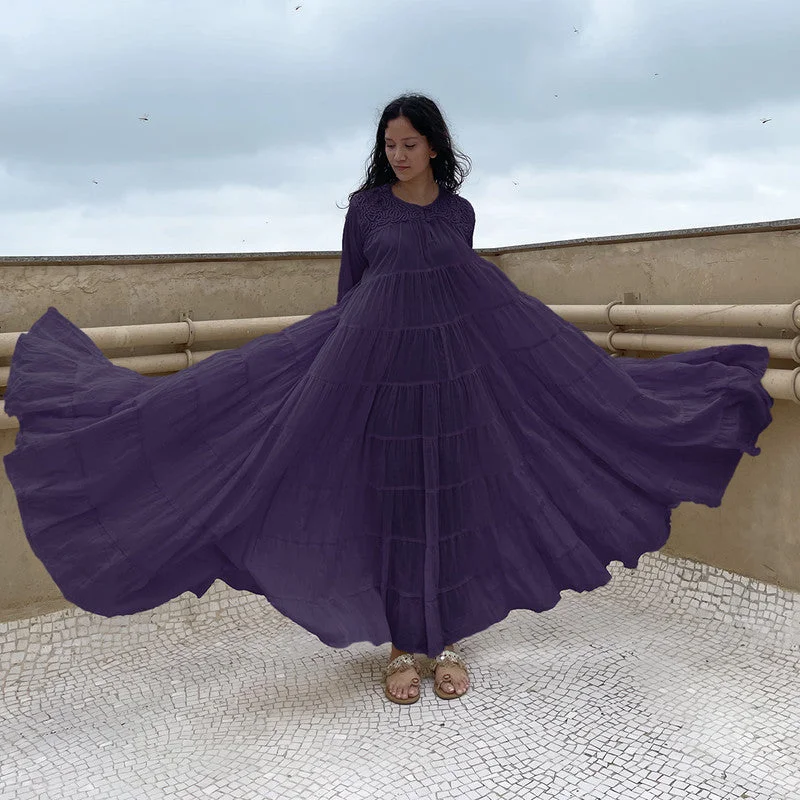 Cotton Tiered Maxi Dress | Embroidered | Purple