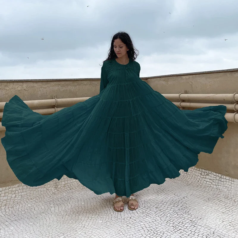 Cotton Tiered Maxi Dress | Embroidered | Teal Green