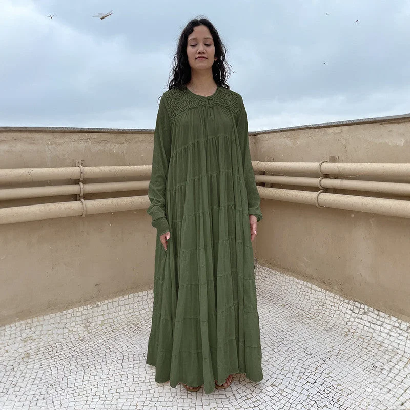 Pure Cotton Maxi Dress | Embroidered | Army Green