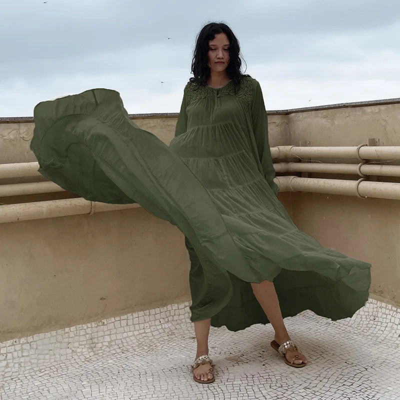 Pure Cotton Maxi Dress | Embroidered | Army Green