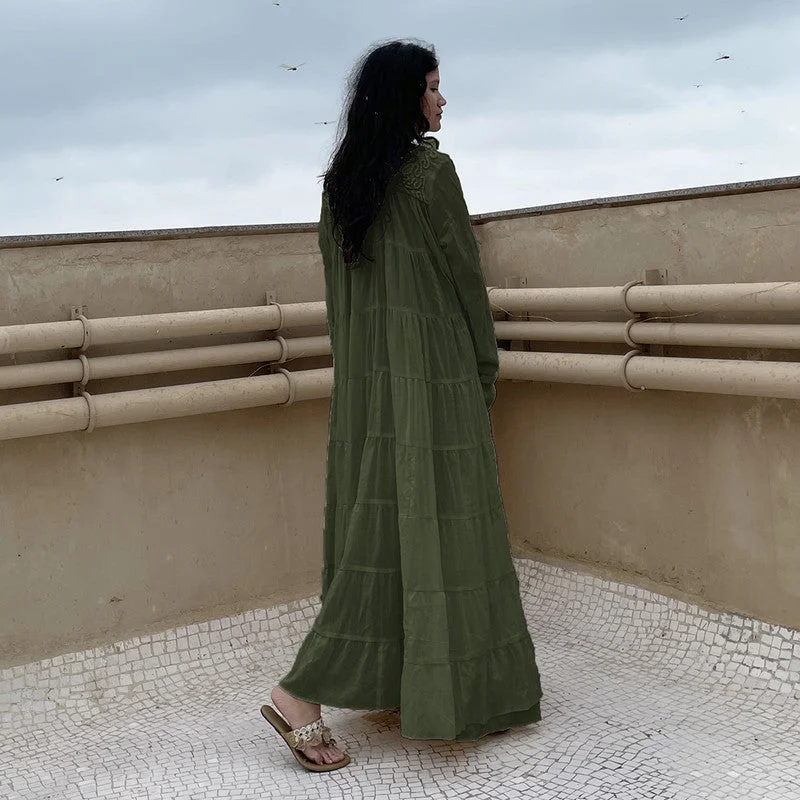 Pure Cotton Maxi Dress | Embroidered | Army Green