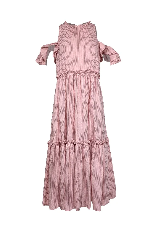 Cinq a Sept - Pink Ruffled Midi Dress w/ Contrast Striped Stitching Sz 6