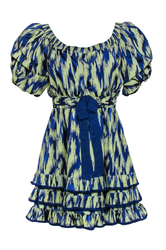 Cinq a Sept - Green & Blue Off the Shoulder Abstract Print Mini Dress Sz 8