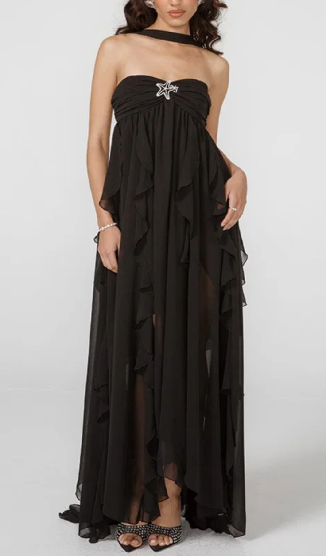 LACE IRREGULAR MAXI DRESS IN BLACK