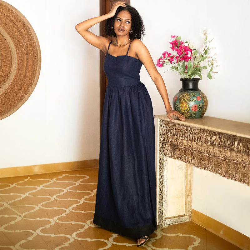 Linen Maxi Dress for Women | Indigo & Black