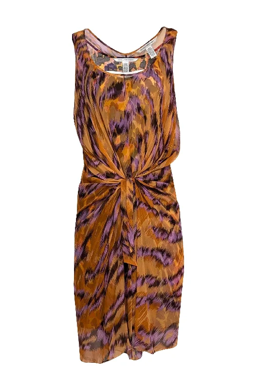 Diane von Furstenberg - Orange & Purple Multi Animal Print Sleeveless Midi Dress Sz 2