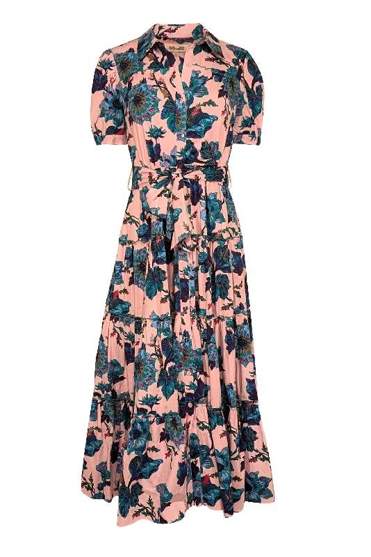 Diane von Furstenberg - Pink w/ Teal & Blue Floral Print Cotton Midi Dress Sz M