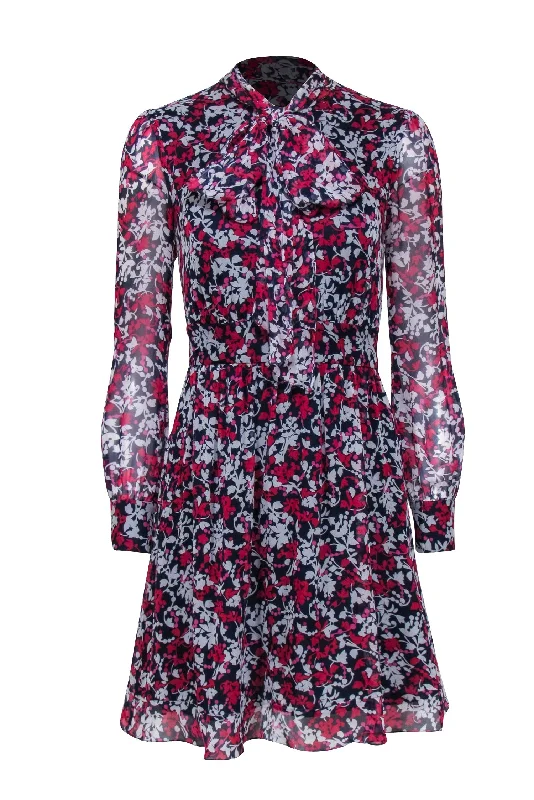 Diane von Furstenberg - Navy, Pink, & White Floral Print Long Sleeve Silk Mini Dress Sz 0