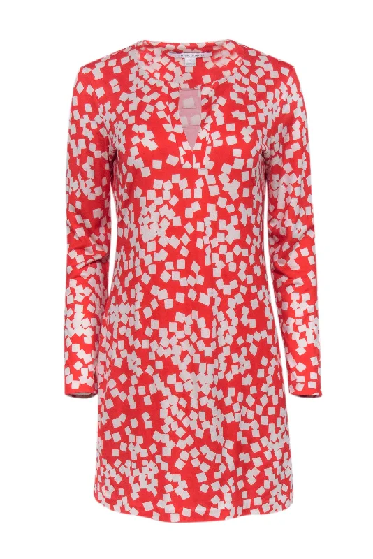 Diane von Furstenberg - Red & White Long Sleeve Printed Mini Dress Sz 10