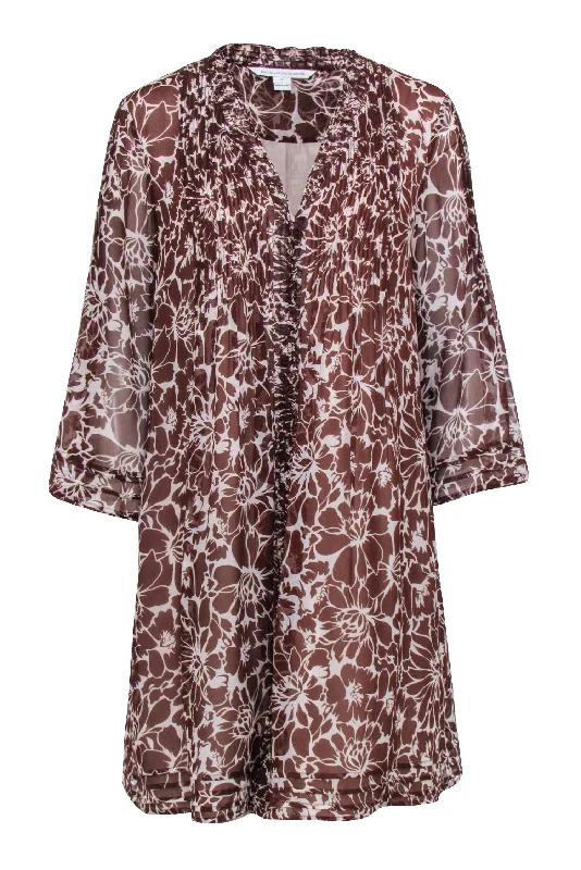 Diane von Furstenberg - Brown & White Floral Print Mini Shirtdress Sz 12