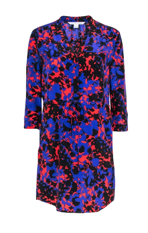 Diane von Furstenberg - Purple, Black, & Red Silk Printed Long Sleeve Mini Dress Sz 4