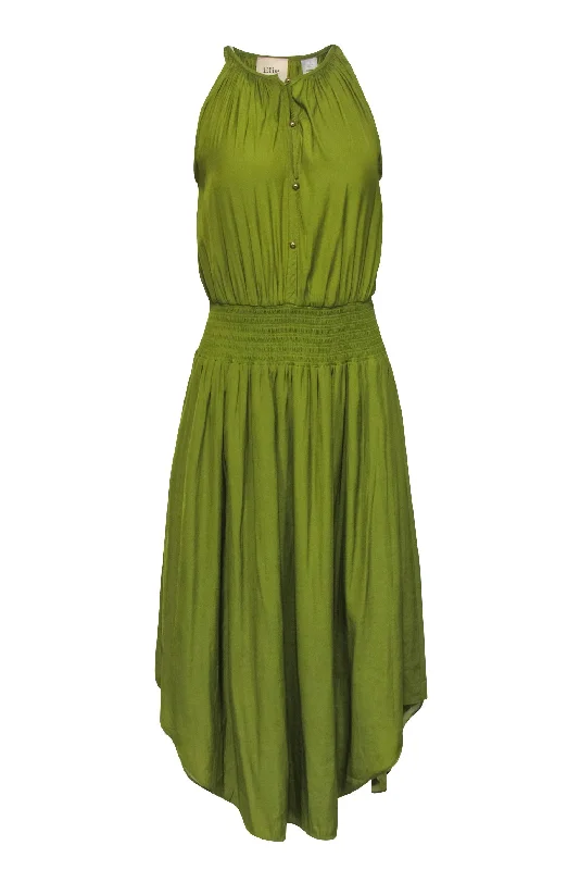 Elie Tahari - Pea Green Sleeveless Satin Midi Dress Sz S