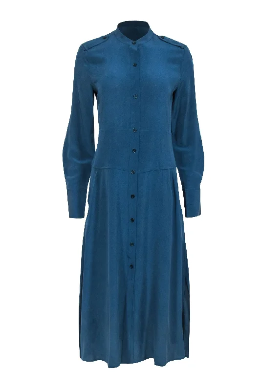 Equipment - Teal Blue Silk Midi Shirtdress Sz 6