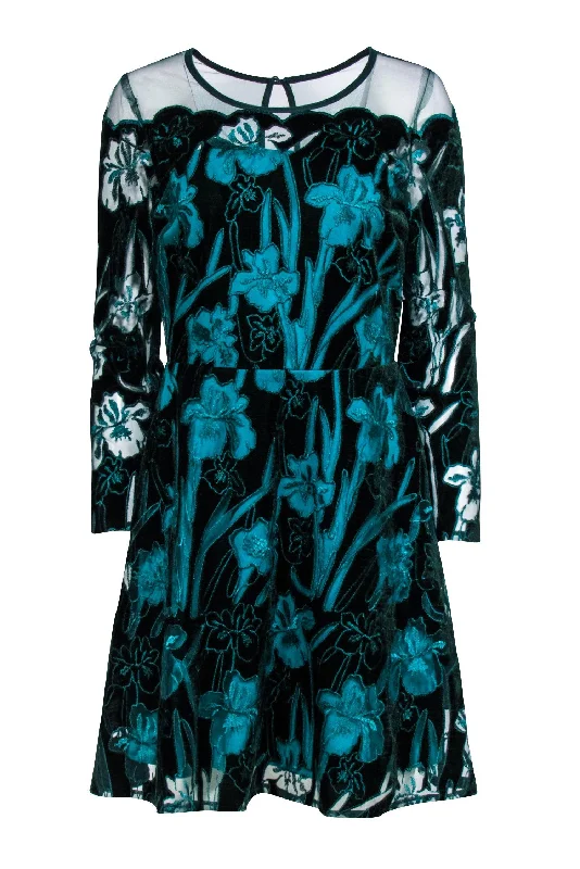 Eva Franco - Teal Velvet Floral ""Lily"" Mini Dress Sz 6