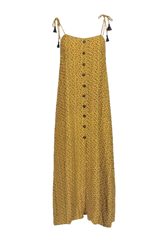 Faithfull the Brand - Yellow Sleeveless w/ Tassel Tie Straps Floral Midi Dress Sz 4