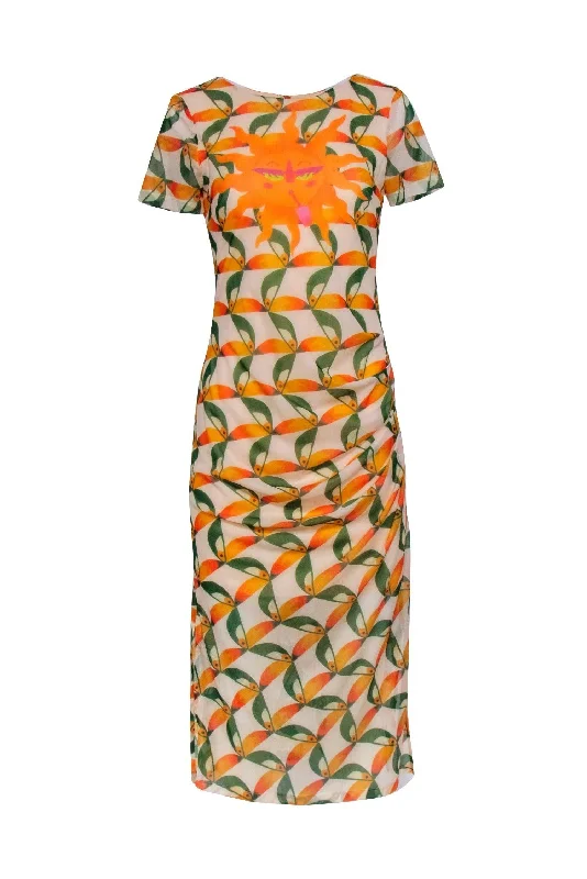 Farm - Beige w/ Orange & Green Sun Print Ruched Midi Dress Sz XS