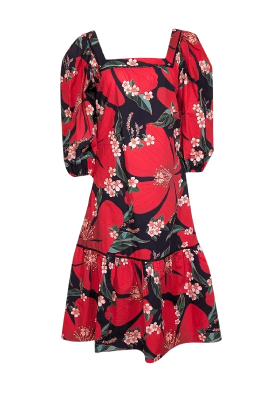 Farm - Red, Navy & Green Floral Print Cotton Midi Dress Sz S