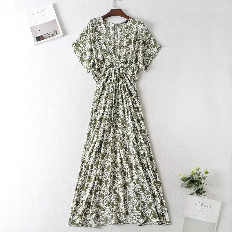 BerriesJam - Floral Printed Split Sexy Deep V Neck Short Sleeve Maxi Dress